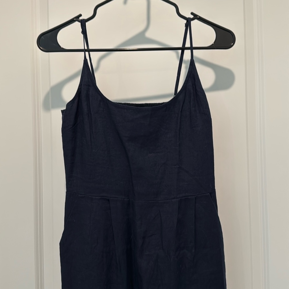 Quince 100% Linen Scoop Navy Blue Linen Midi Dress